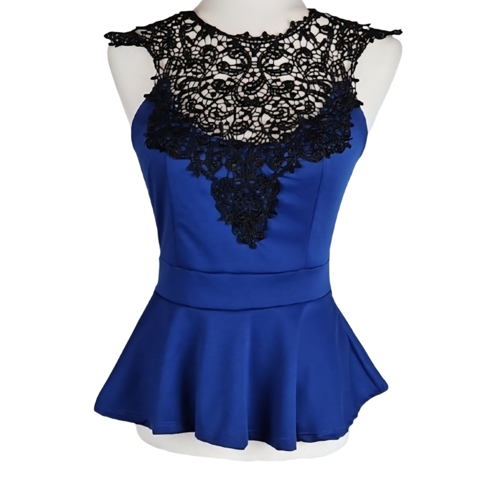 Julie's Closet Blue and Black Embellished Bustier Peplum Blouse